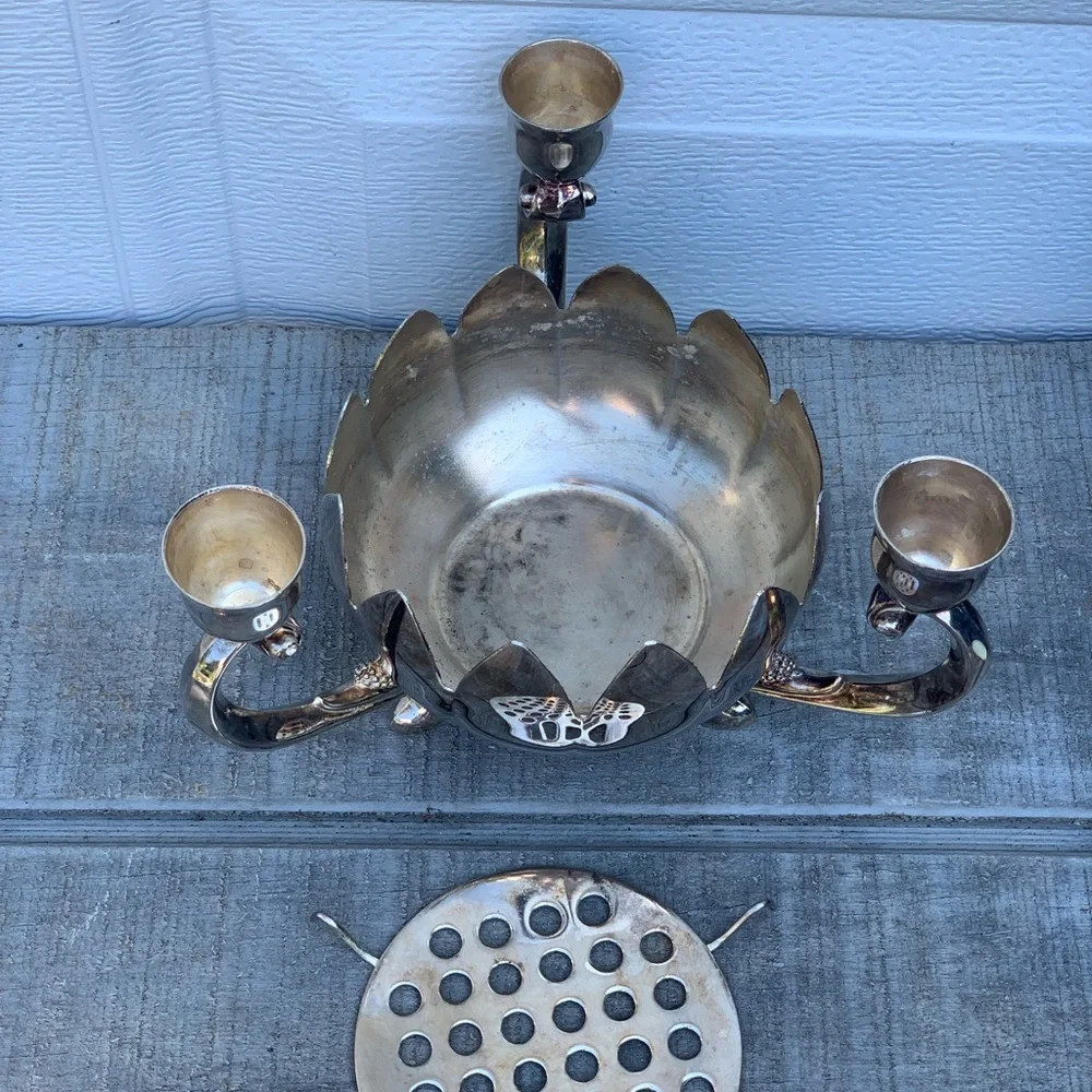 Vintage Brass Lotus 3 Arm Candelabra W/Flower Bowl & Candles/Holder Sliverplated
